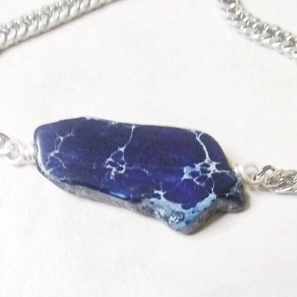 Dark Blue Sea Sediment Jasper Slab + Chunky Chain Bracelet ~ Adjust. 7-8" Wrist - Picture 6 of 8